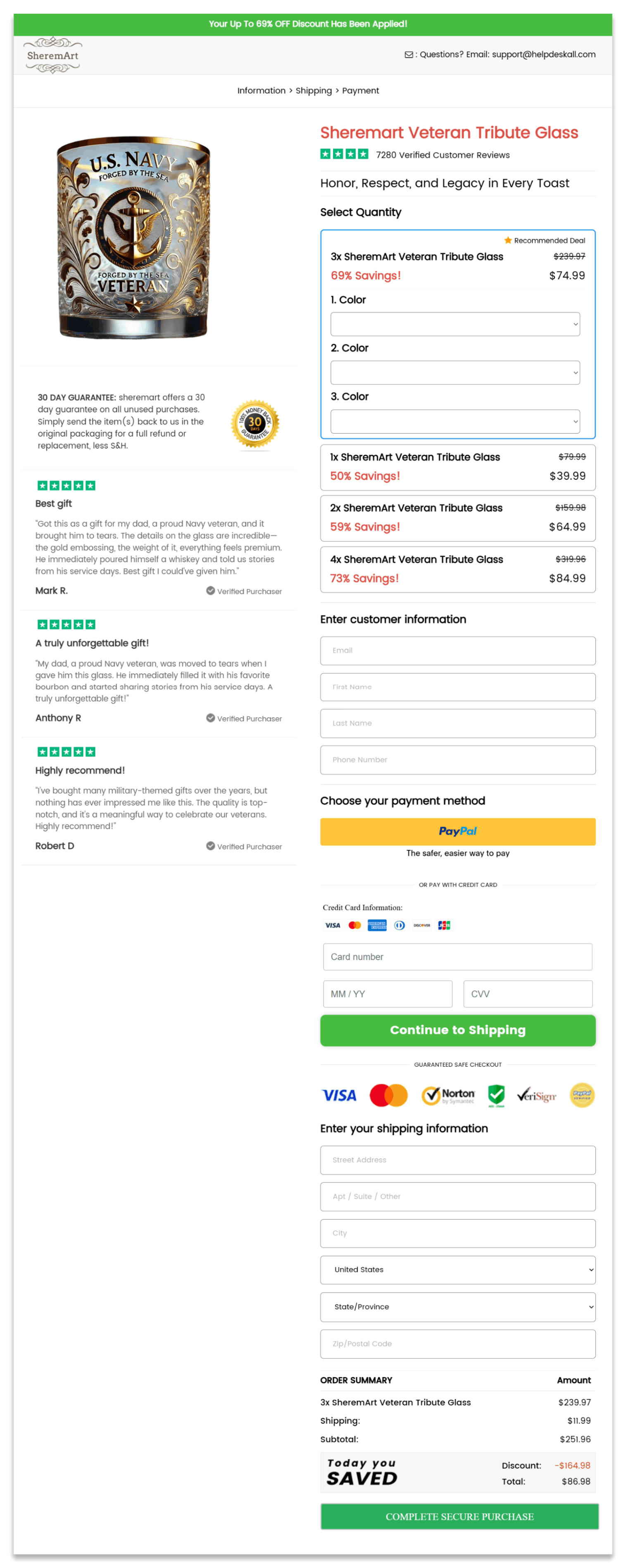 Sheremart Veteran Tribute Glass secure checkout page